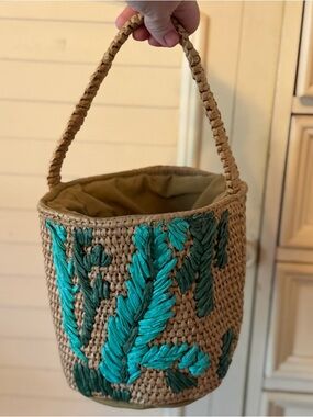 Tiki Woven Straw Bucket Bag with Turquoise Leaf Embroidery